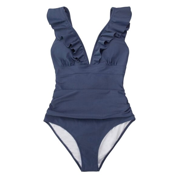 Cupshe Women’s One Piece Swimsuit XL Blue Ruffle V Neck Lace Up Back Tummy Contr - Picture 2 of 7